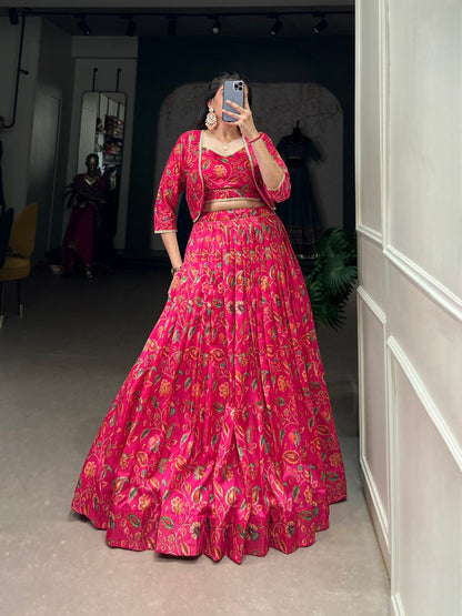 Pink Tussar Silk Floral Print With Gota Patti Touch Up Wedding Lehenga