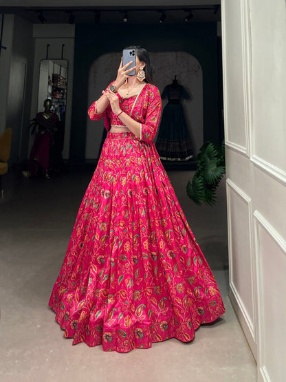 Pink Tussar Silk Floral Print With Gota Patti Touch Up Wedding Lehenga