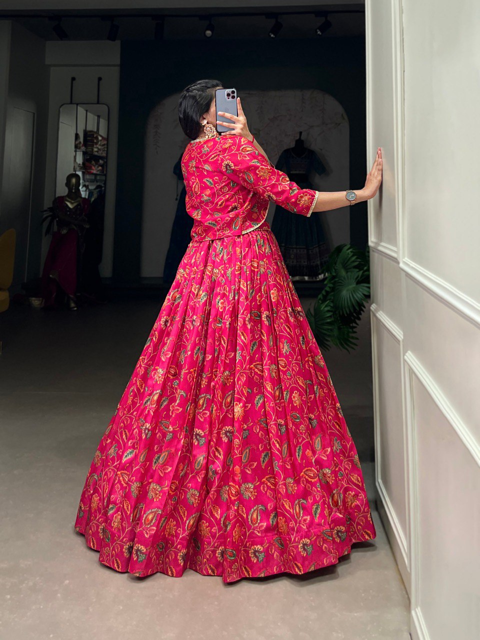 Pink Tussar Silk Floral Print With Gota Patti Touch Up Wedding Lehenga