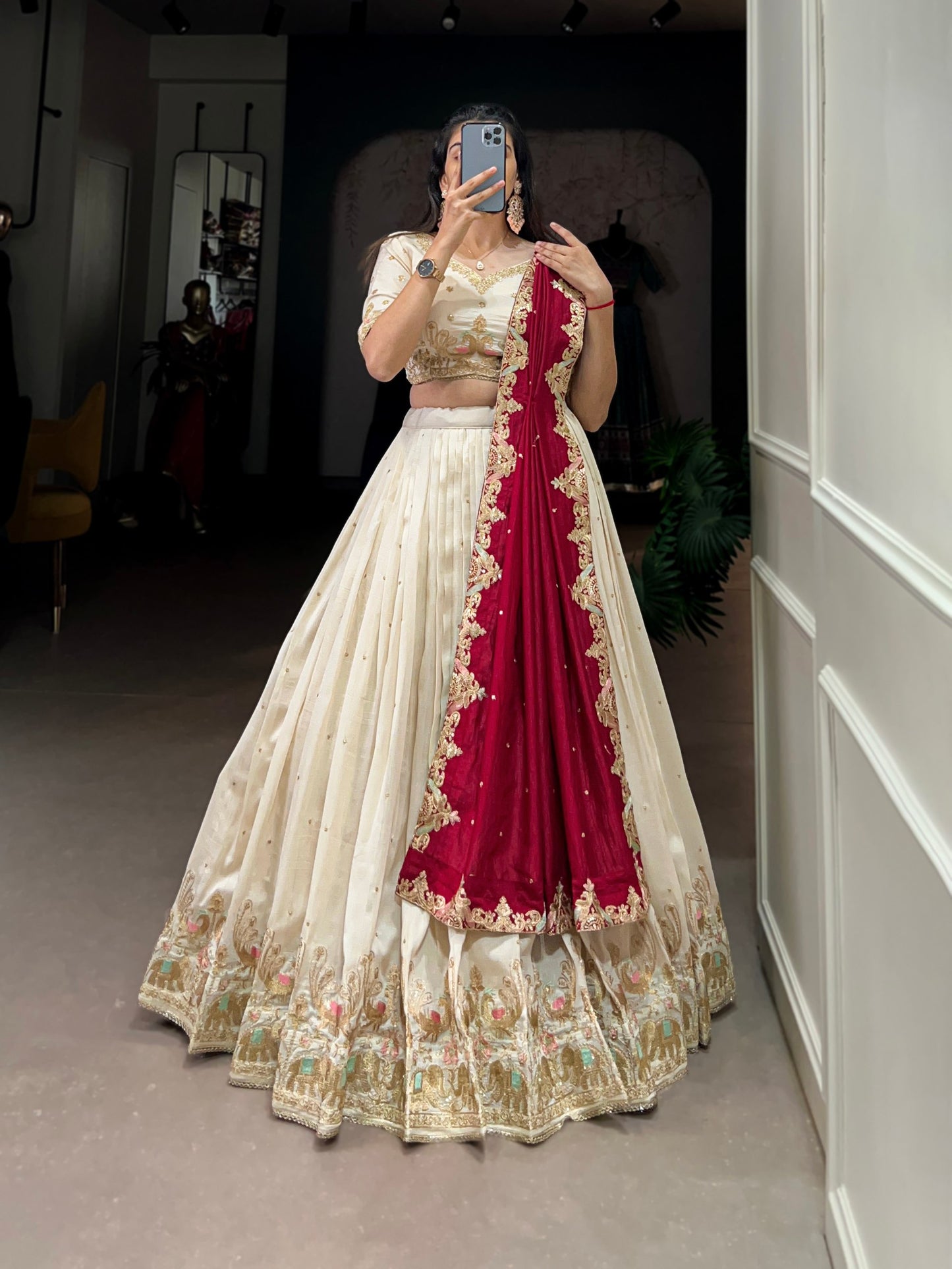 White Vichitra Silk Sequins And Thread Embroidery Work Lehenga