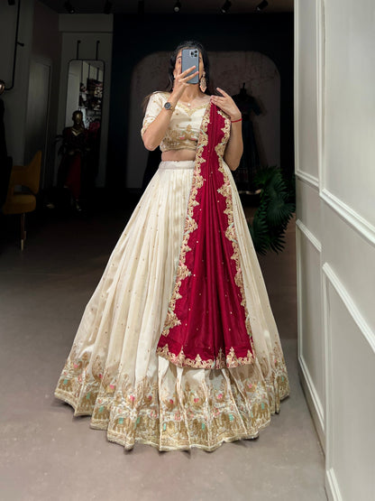 White Vichitra Silk Sequins And Thread Embroidery Work Lehenga