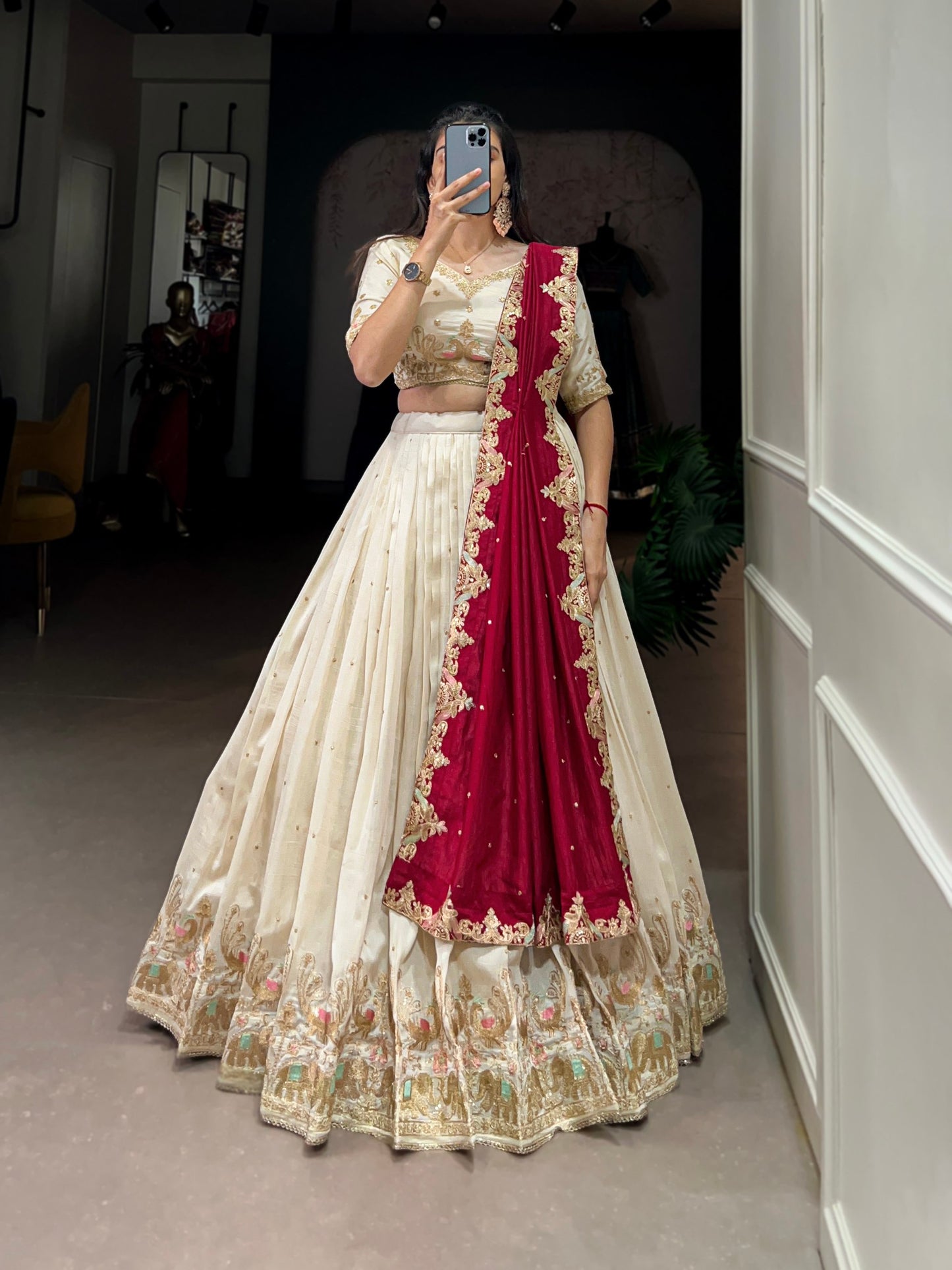 White Vichitra Silk Sequins And Thread Embroidery Work Lehenga