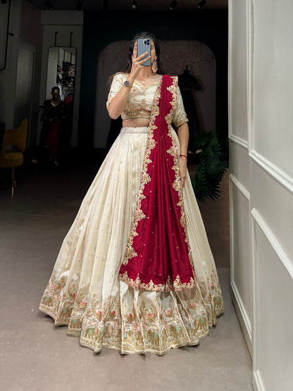 White Vichitra Silk Sequins And Thread Embroidery Work Lehenga