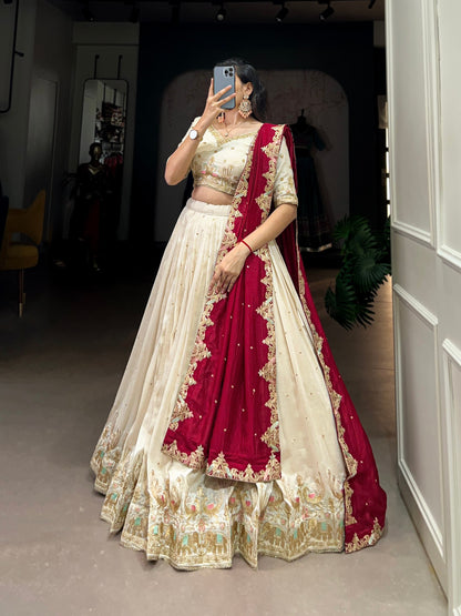 White Vichitra Silk Sequins And Thread Embroidery Work Lehenga