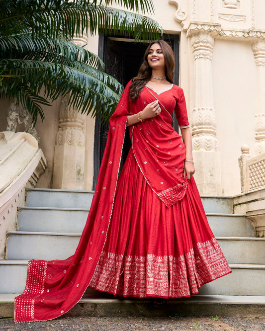 Red Pure Chanderi Zari Weaving Work With Lace Lehenga