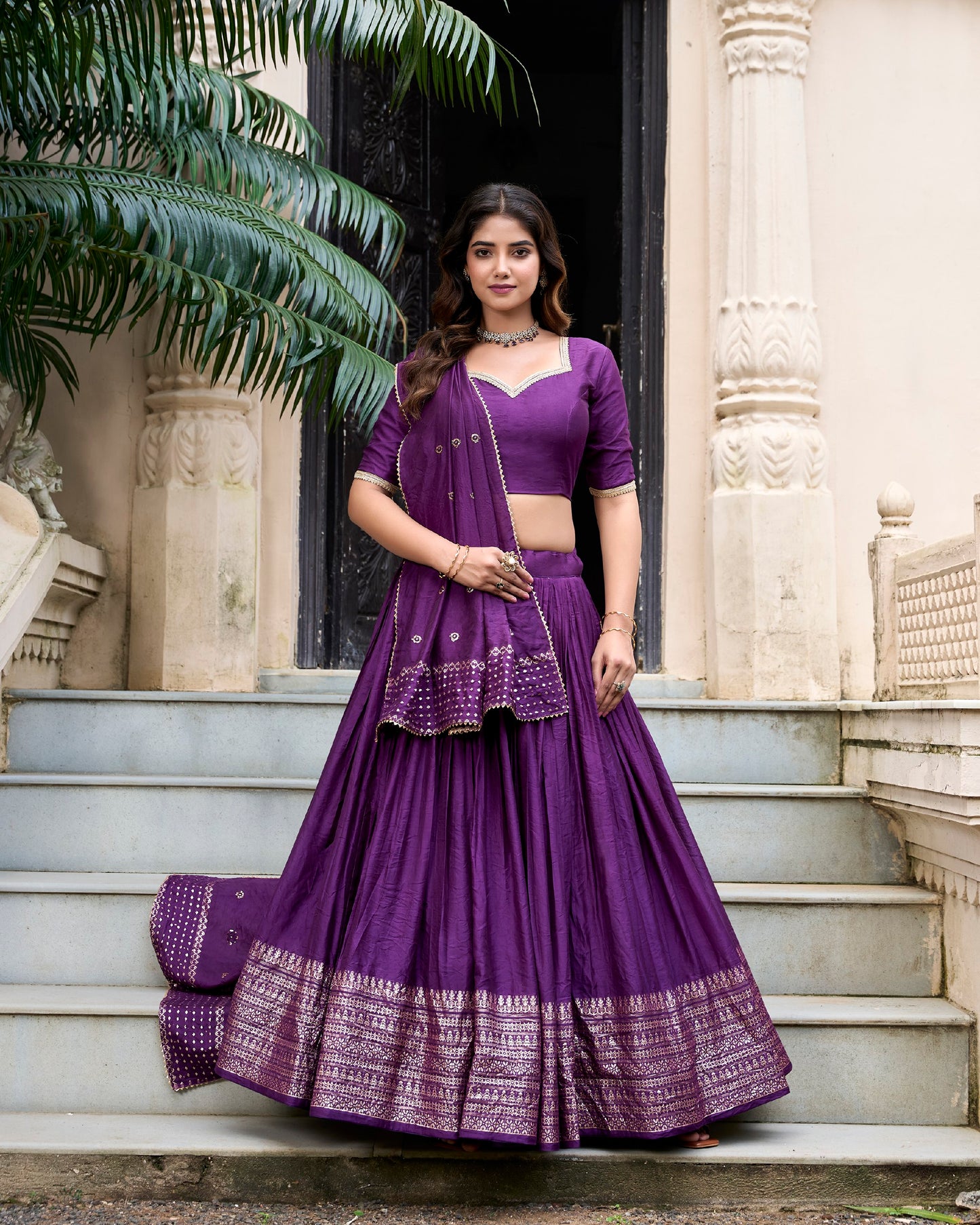 Dark Purple Pure Chanderi Zari Weaving Work With Lace Lehenga