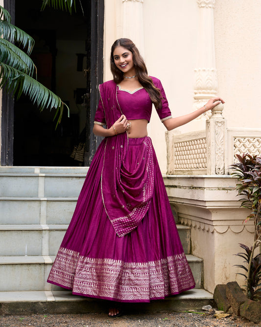 Wine Pure Chanderi Zari Weaving Work With Lace Lehenga