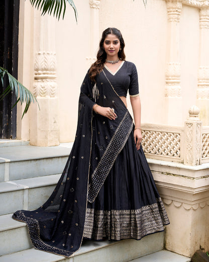 Black Pure Chanderi Zari Weaving Work With Lace Lehenga