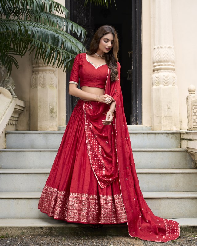 Red Pure Chanderi Zari Weaving Work With Lace Lehenga