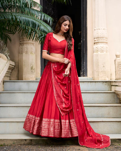 Red Pure Chanderi Zari Weaving Work With Lace Lehenga