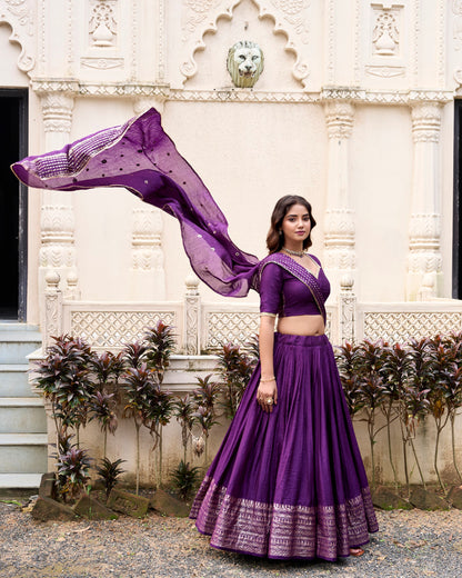 Dark Purple Pure Chanderi Zari Weaving Work With Lace Lehenga