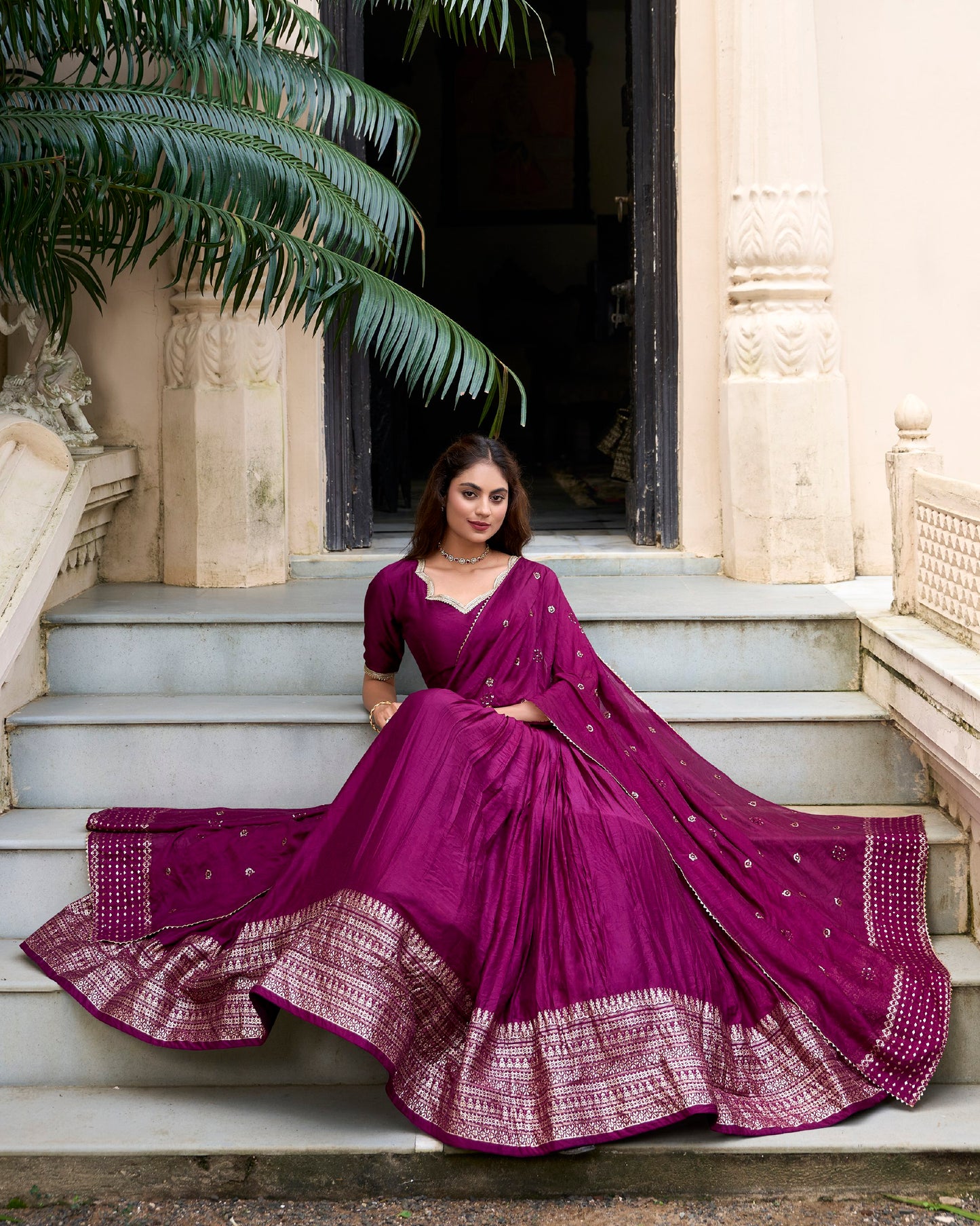 Wine Pure Chanderi Zari Weaving Work With Lace Lehenga