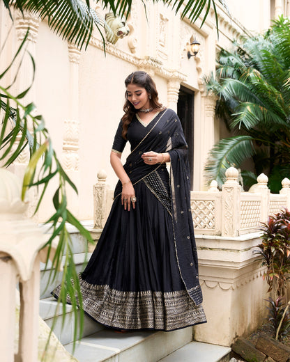 Black Pure Chanderi Zari Weaving Work With Lace Lehenga