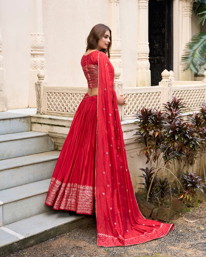 Red Pure Chanderi Zari Weaving Work With Lace Lehenga