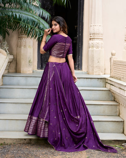 Dark Purple Pure Chanderi Zari Weaving Work With Lace Lehenga