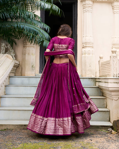 Wine Pure Chanderi Zari Weaving Work With Lace Lehenga