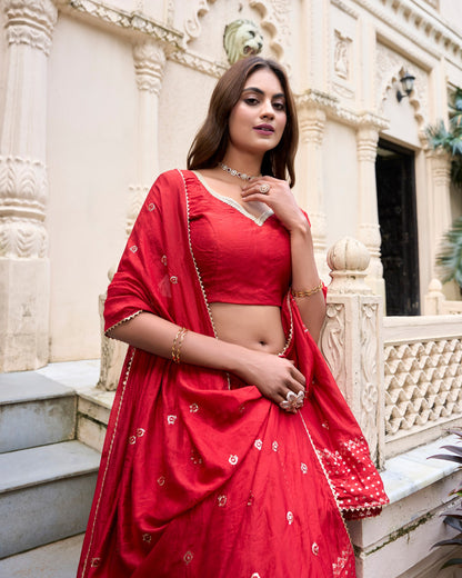 Red Pure Chanderi Zari Weaving Work With Lace Lehenga