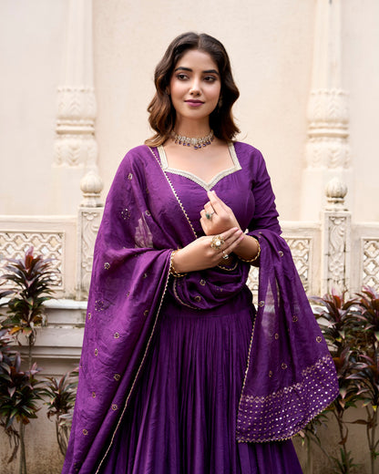 Dark Purple Pure Chanderi Zari Weaving Work With Lace Lehenga