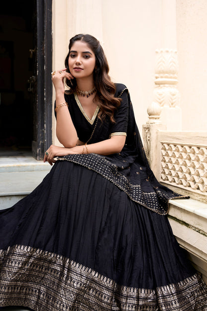 Black Pure Chanderi Zari Weaving Work With Lace Lehenga