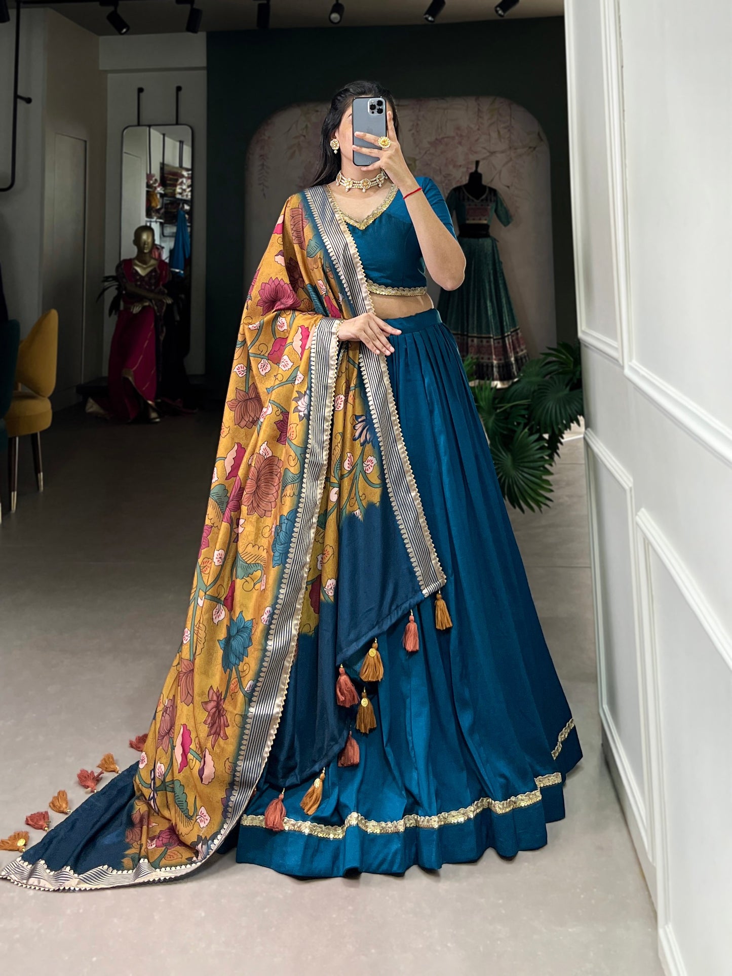 Firozi Chinon Silk Plain With Lace Touch Up Lehenga