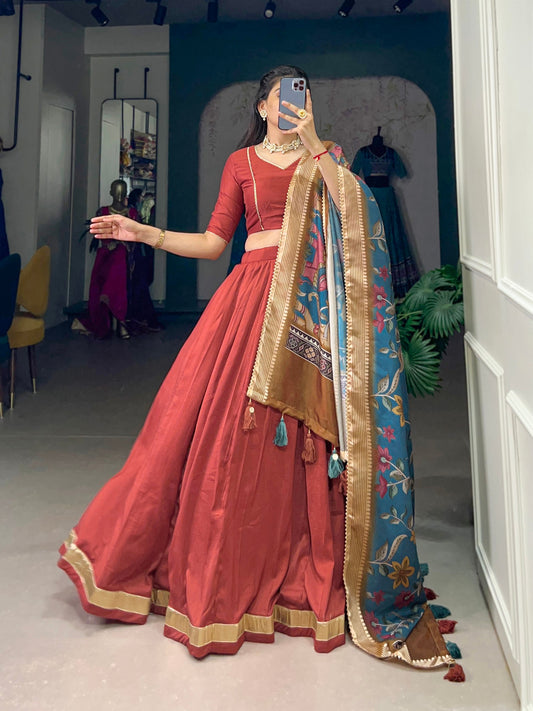 Maroon Chinon Silk Plain With Lace Touch Up Lehenga