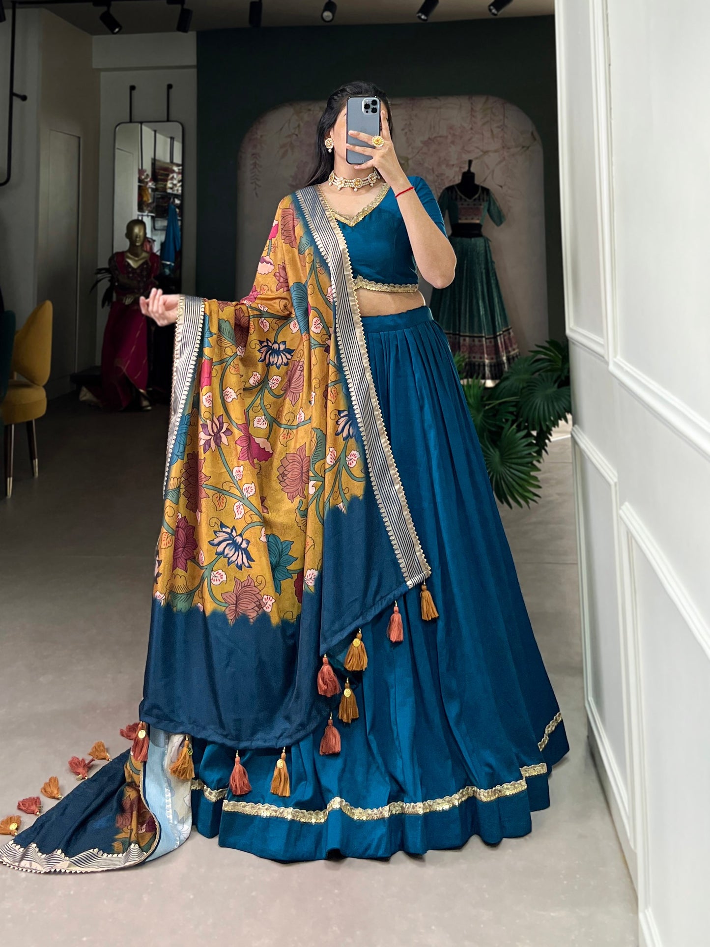 Firozi Chinon Silk Plain With Lace Touch Up Lehenga