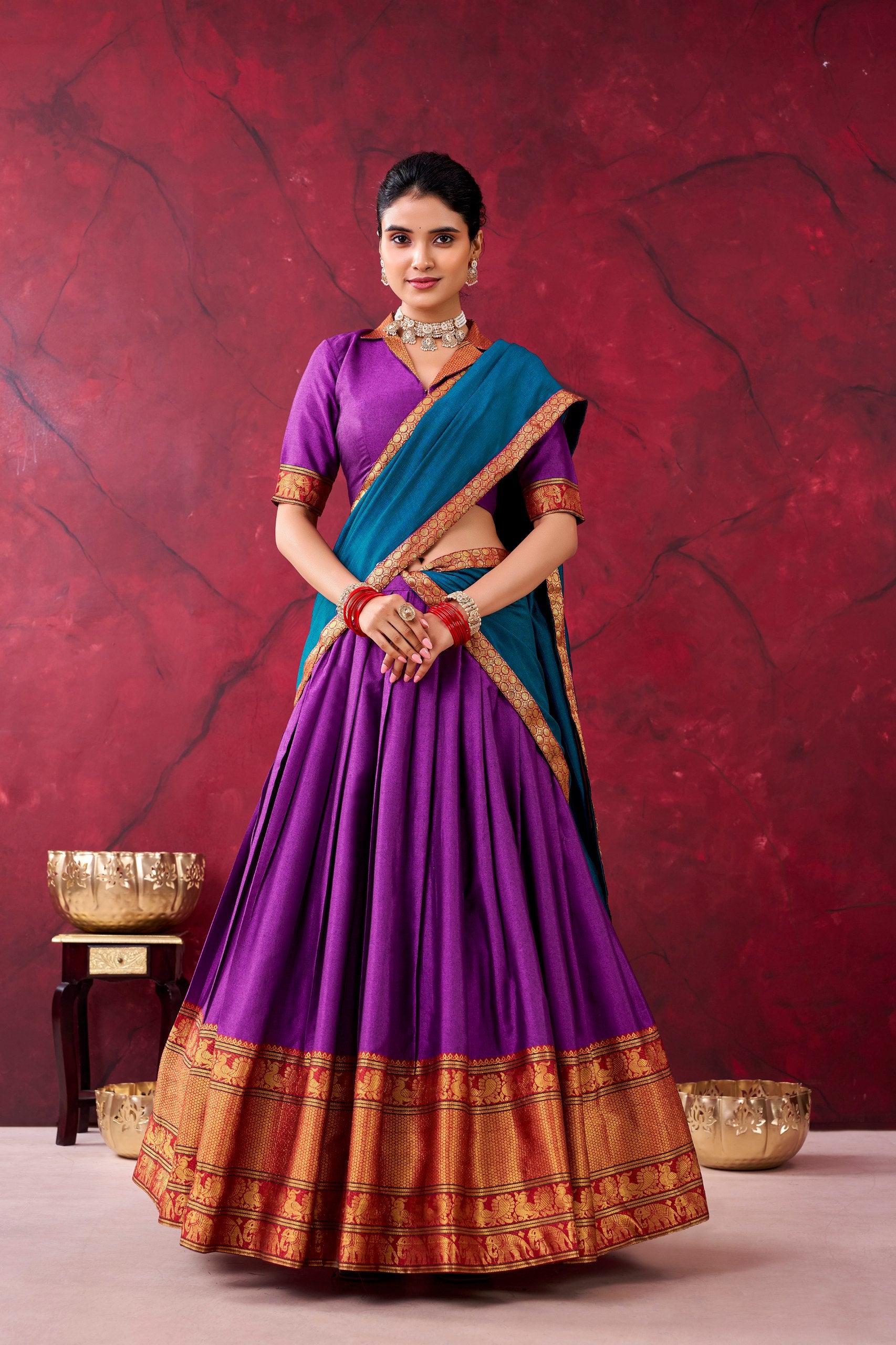 Purple Narayanpet Silk Half Saree with Traditional Zari Weaving Work by The Beauty Queen Surat