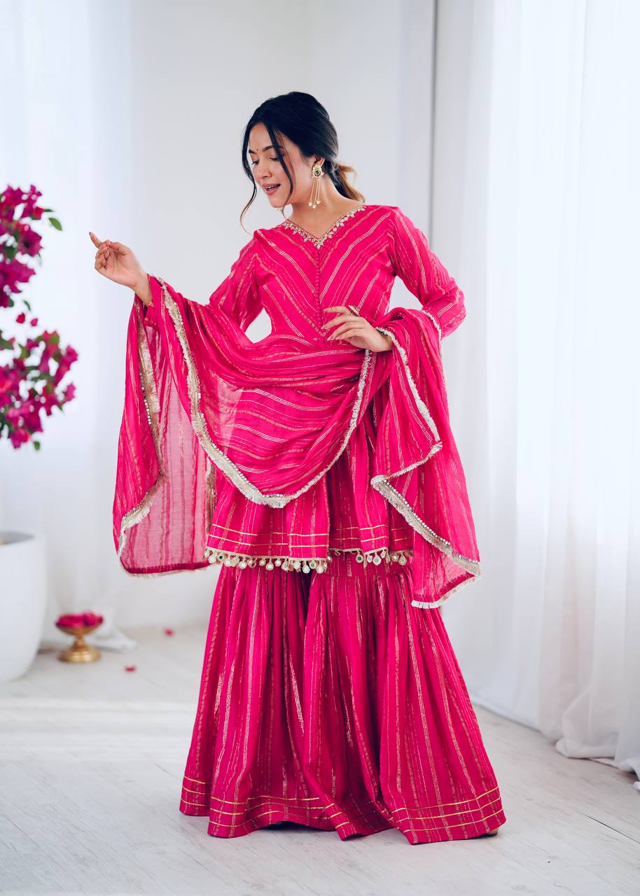 Pink Chanderi Silk Real Mirror With Handwork Work Sharara Suit