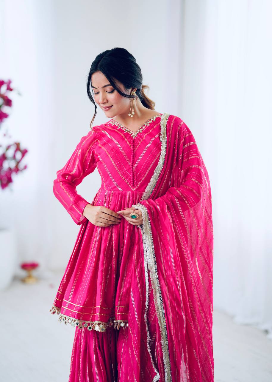 Hot Pink Chanderi Silk Sharara Set with Real Mirror & Handwork Embroidery