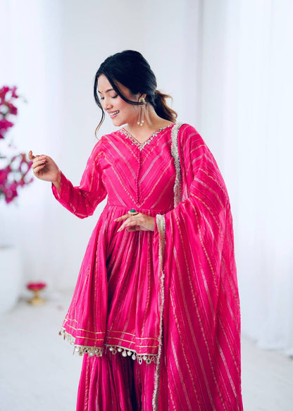 Pink Chanderi Silk Real Mirror With Handwork Work Sharara Suit