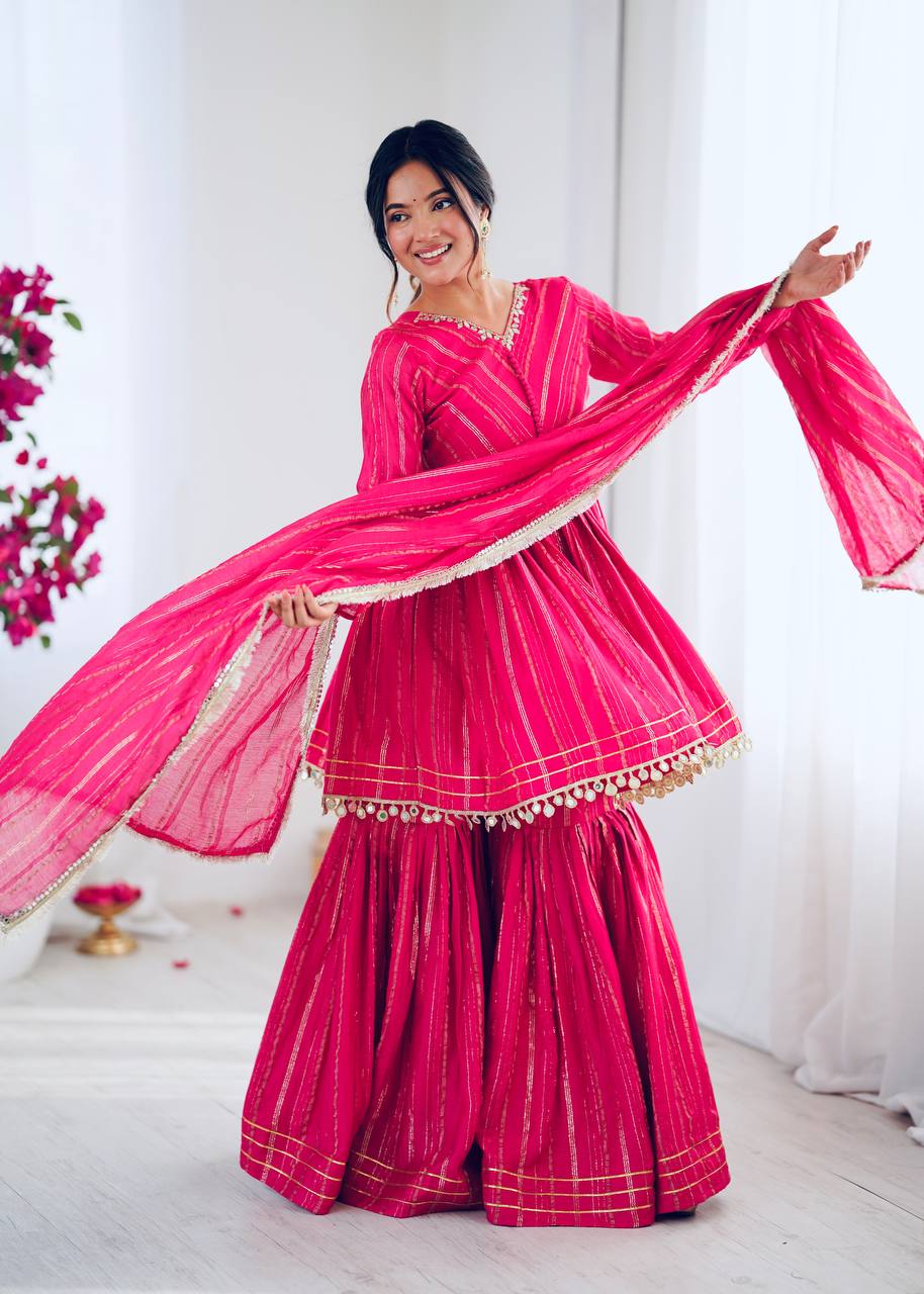 Hot Pink Chanderi Silk Sharara Set with Real Mirror Handwork by The Beauty Queen Surat