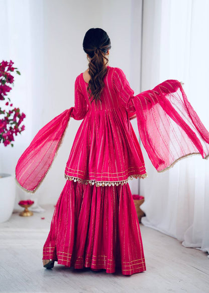 Pink Chanderi Silk Real Mirror With Handwork Work Sharara Suit