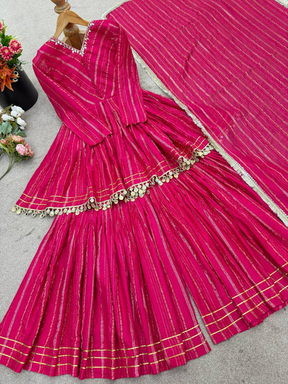 Pink Chanderi Silk Real Mirror With Handwork Work Sharara Suit