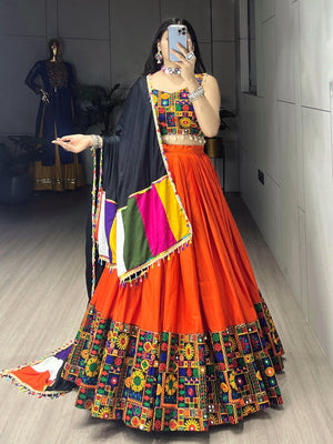 Orange Pure Rayon Cotton Navratri Lehenga with Real Mirror Work and Traditional Gamthi Design Patta Border by The Beauty Queen Surat