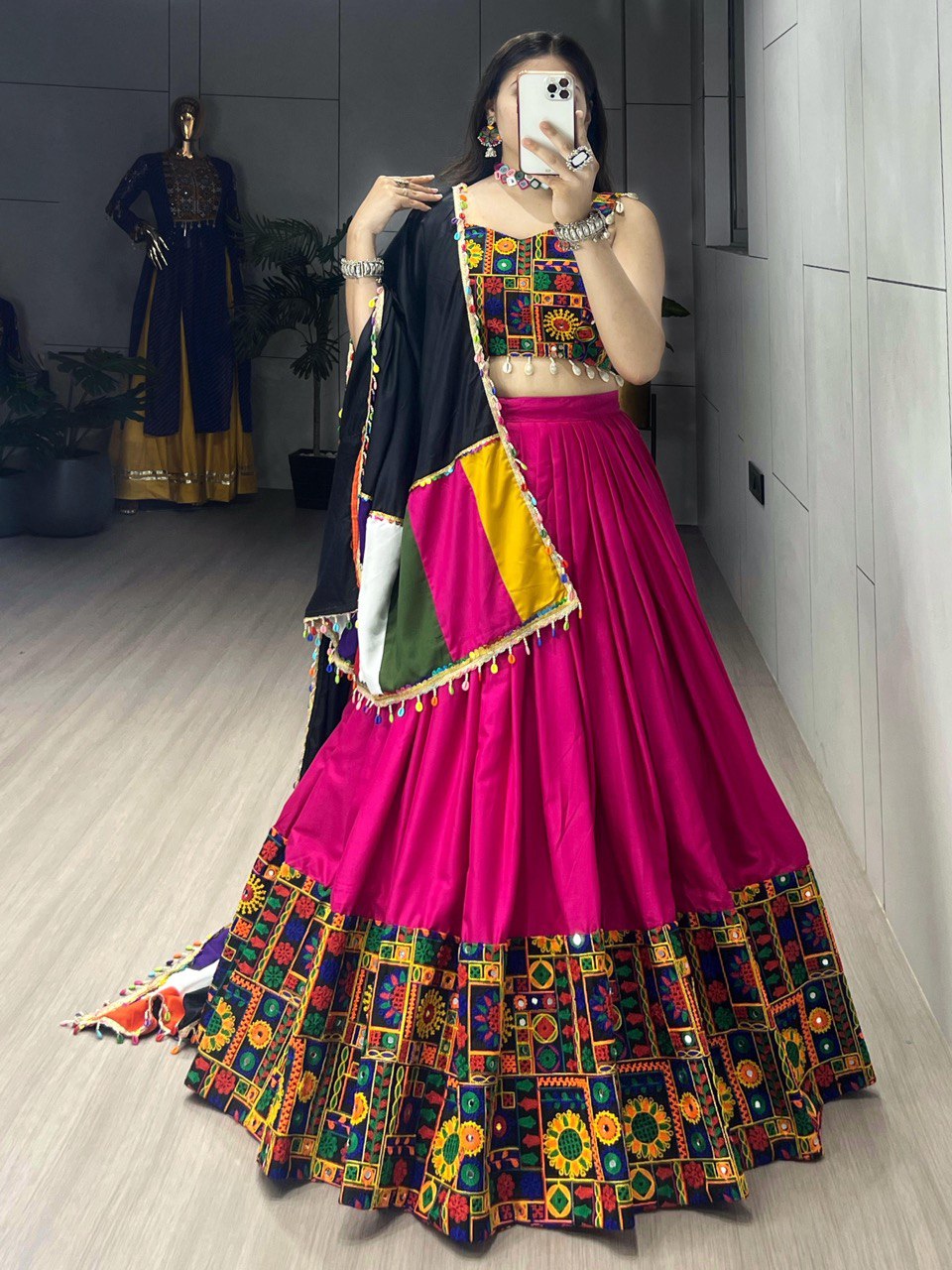 Rani Pink Pure Rayon Cotton Navratri Lehenga with Real Mirror Work and Traditional Gamthi Design Patta Border by The Beauty Queen Surat