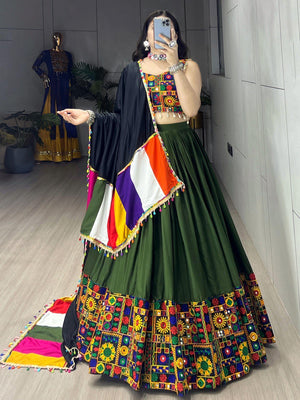 Mehendi Green Pure Rayon Cotton Navratri Lehenga with Real Mirror Work and Traditional Gamthi Design Patta Border by The Beauty Queen Surat