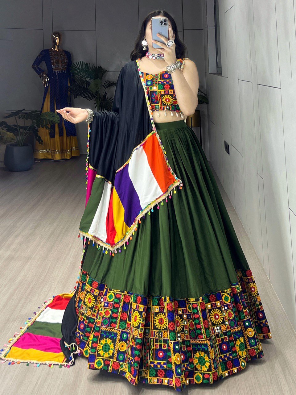 Mehendi Green Pure Rayon Cotton Navratri Lehenga with Real Mirror Work and Traditional Gamthi Design Patta Border by The Beauty Queen Surat