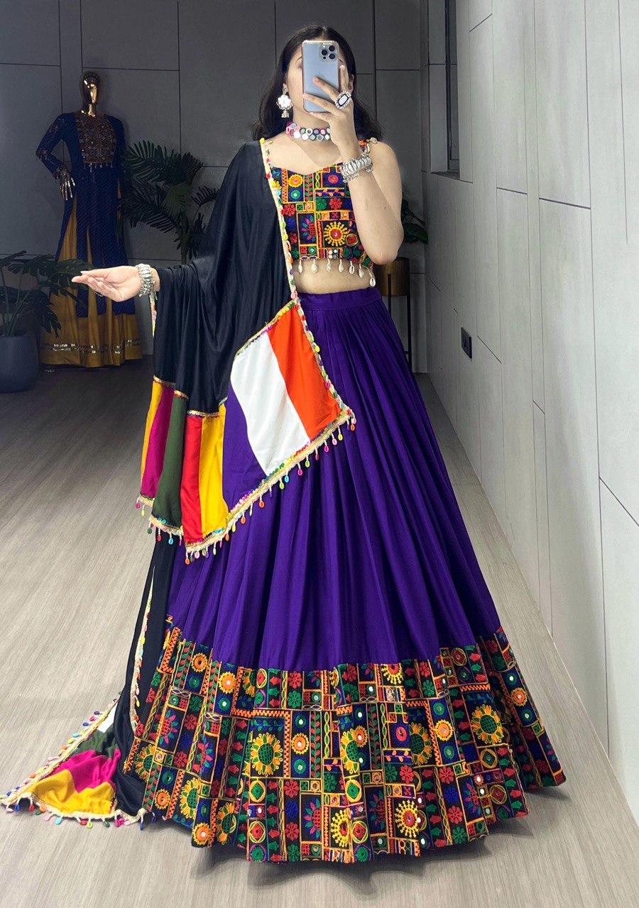 Purple Pure Rayon Cotton Navratri Lehenga with Real Mirror Work and Traditional Gamthi Design Patta Border by The Beauty Queen Surat