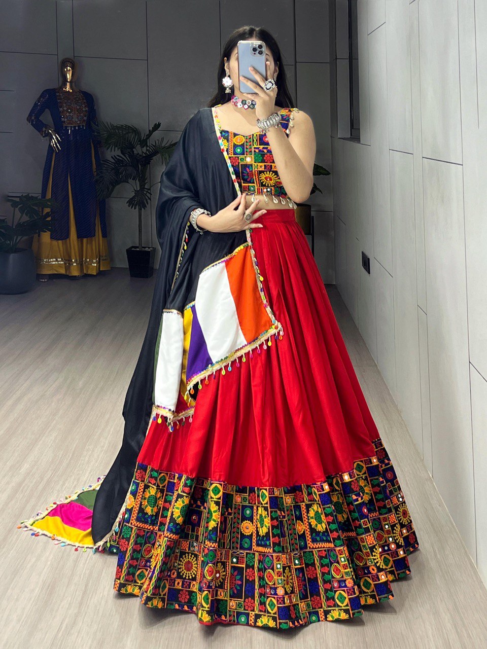 Red Pure Rayon Cotton Navratri Lehenga with Real Mirror Work and Traditional Gamthi Design Patta Border by The Beauty Queen Surat
