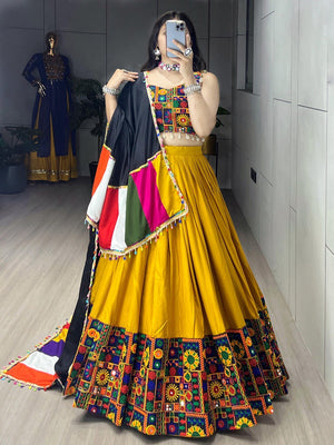 Mustard Pure Rayon Cotton Navratri Lehenga with Real Mirror Work and Traditional Gamthi Design Patta Border by The Beauty Queen Surat