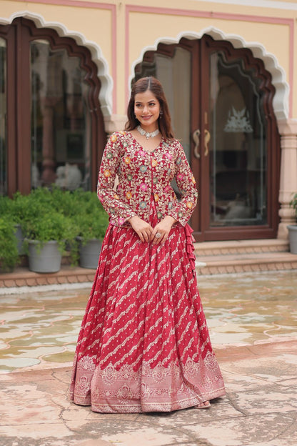 Red Faux Georgette With Rich Thread Sequins Embroidered Work Lehenga