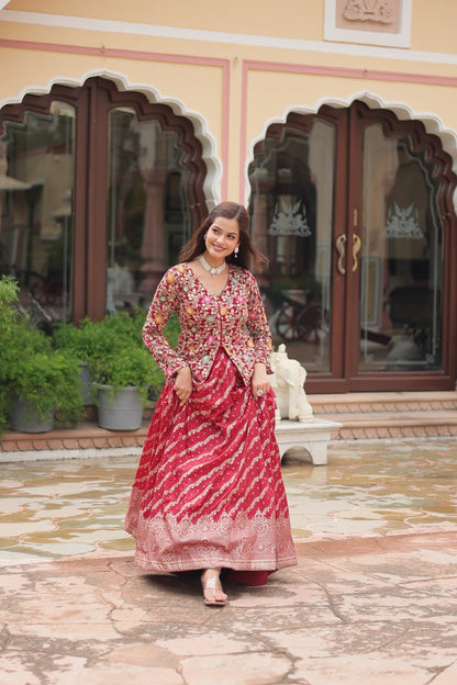 Red Faux Georgette With Rich Thread Sequins Embroidered Work Lehenga