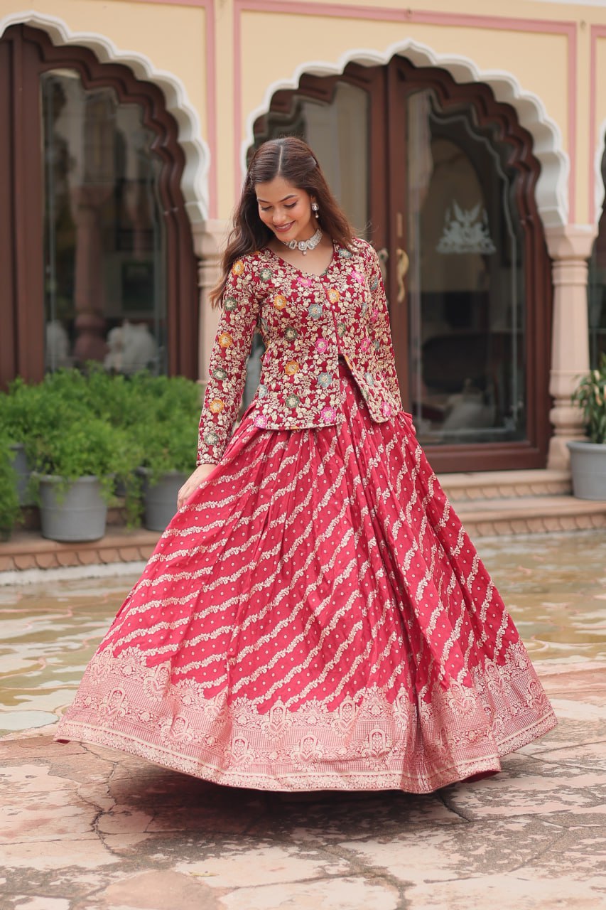 Red Faux Georgette With Rich Thread Sequins Embroidered Work Lehenga