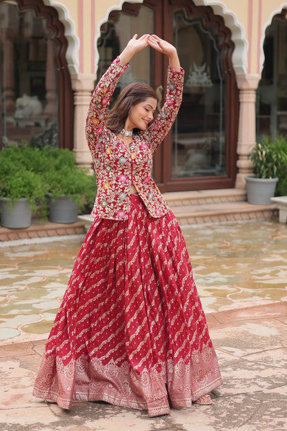 Red Faux Georgette With Rich Thread Sequins Embroidered Work Lehenga