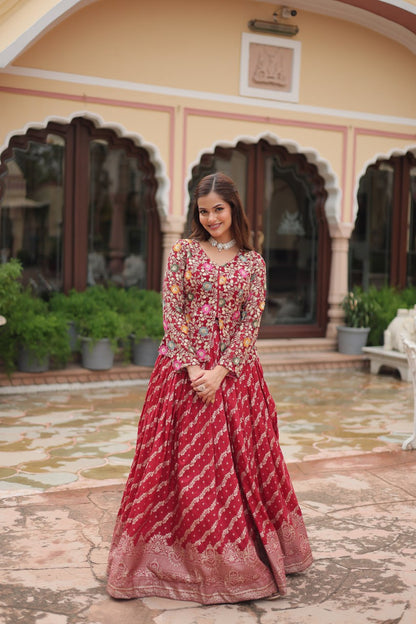 Red Faux Georgette With Rich Thread Sequins Embroidered Work Lehenga