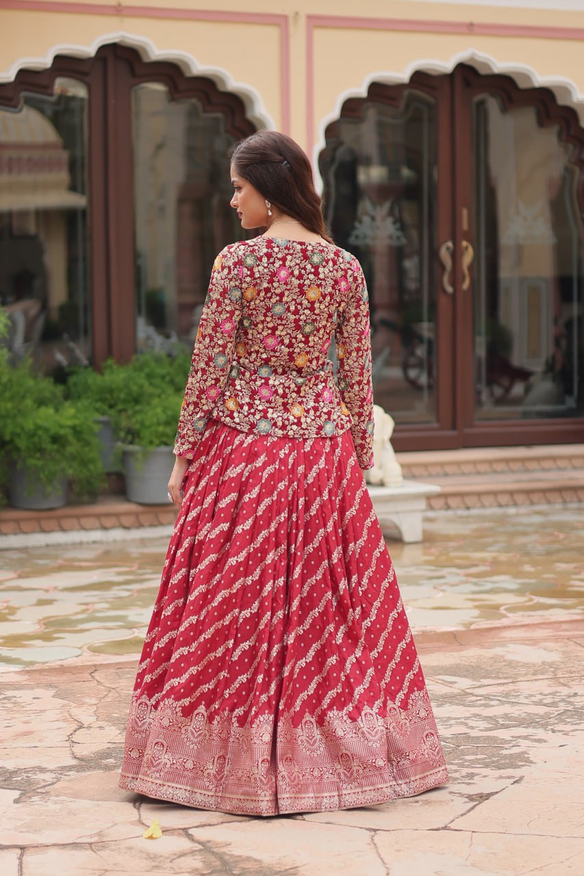 Red Faux Georgette With Rich Thread Sequins Embroidered Work Lehenga