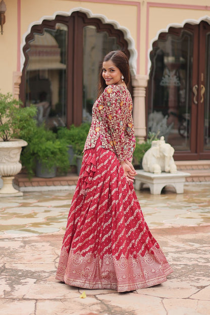 Red Faux Georgette With Rich Thread Sequins Embroidered Work Lehenga