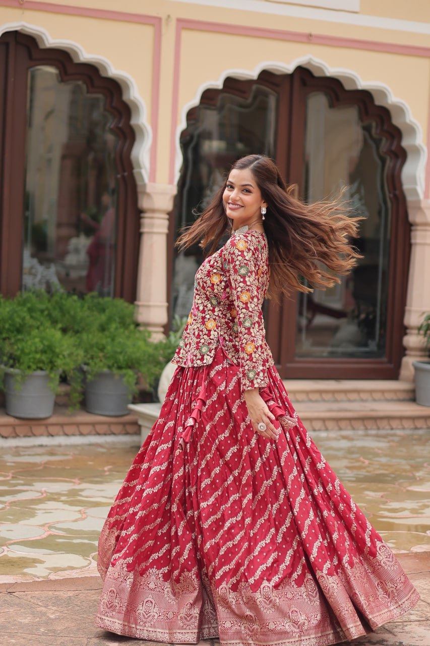 Red Faux Georgette With Rich Thread Sequins Embroidered Work Lehenga