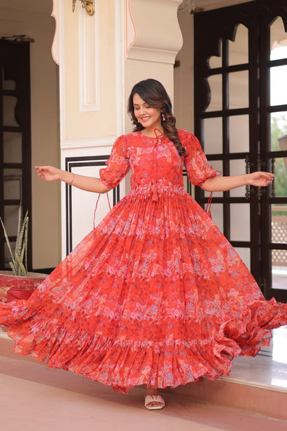 Red Color Faux Georgette With Print Gown