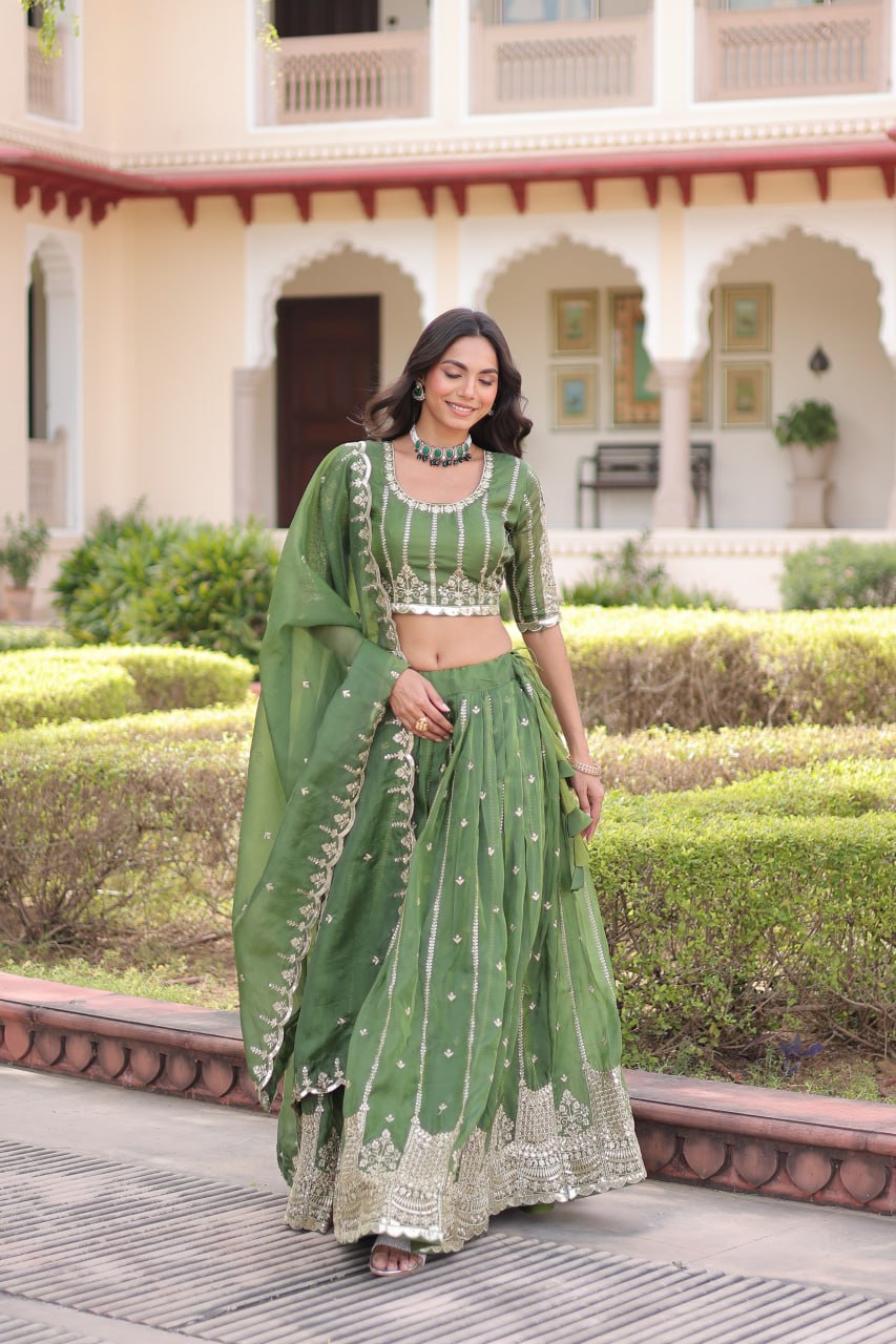 Mehendi Gold Crush With Sequins Zari Embroidery Work Lehenga Choli